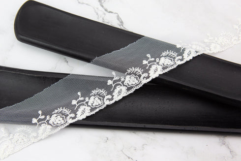 Cream Embroidered Lace on Mesh Trim Remnant 2.25 inches width x 10 yards